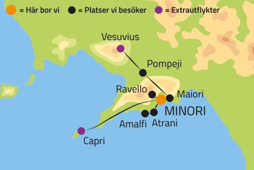 Geografisk karta ver Amalfikusten i sdra Italien.